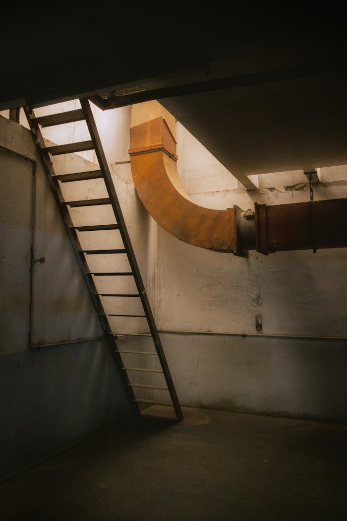about-02 Dimly lit industrial basement featuring a metal ladder and a large rusted pipe.