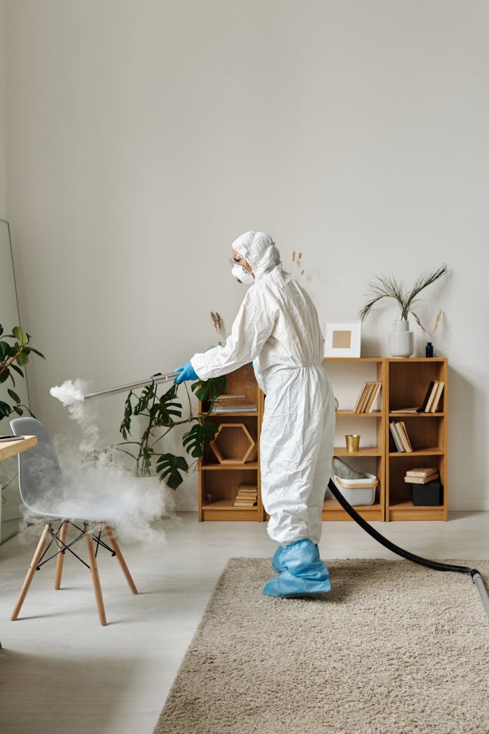 hero-homepage A person in protective suit disinfecting a chair indoors, enhancing hygiene and safety.
